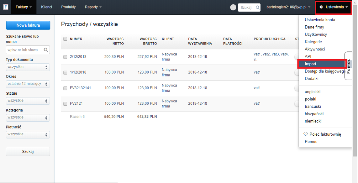 Import dokumentów Fakturownia