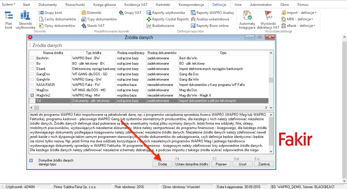 Konfiguracja importu dokumentów do Asseco WAPRO fakir