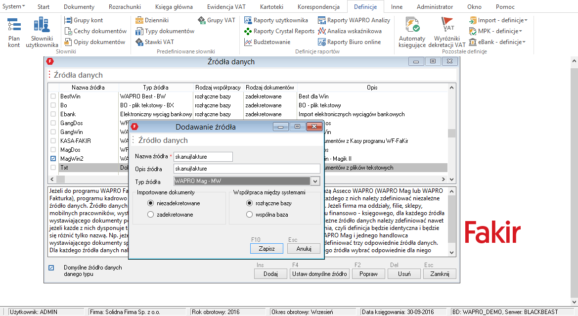 Konfiguracja importu dokumentów do Asseco WAPRO fakir