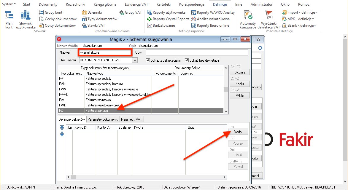 Konfiguracja importu dokumentów do Asseco WAPRO fakir