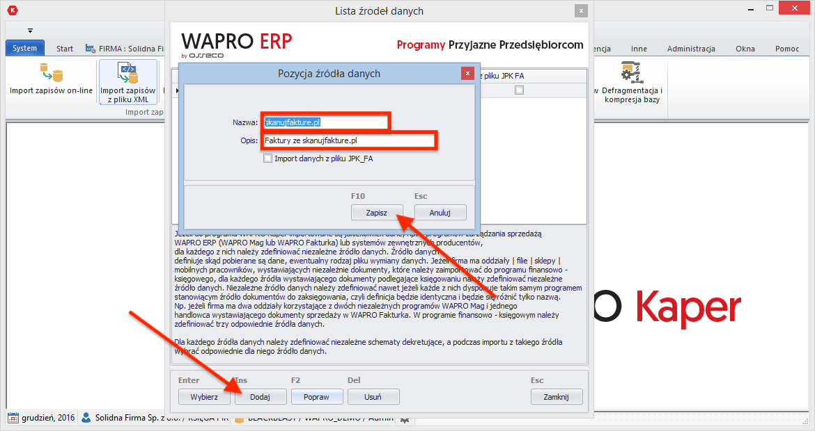 Konfiguracja importu dokumentów do Asseco WAPRO kaper