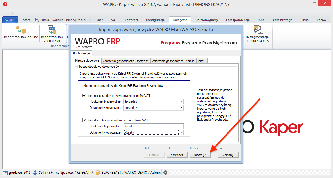 Konfiguracja importu dokumentów do Asseco WAPRO kaper